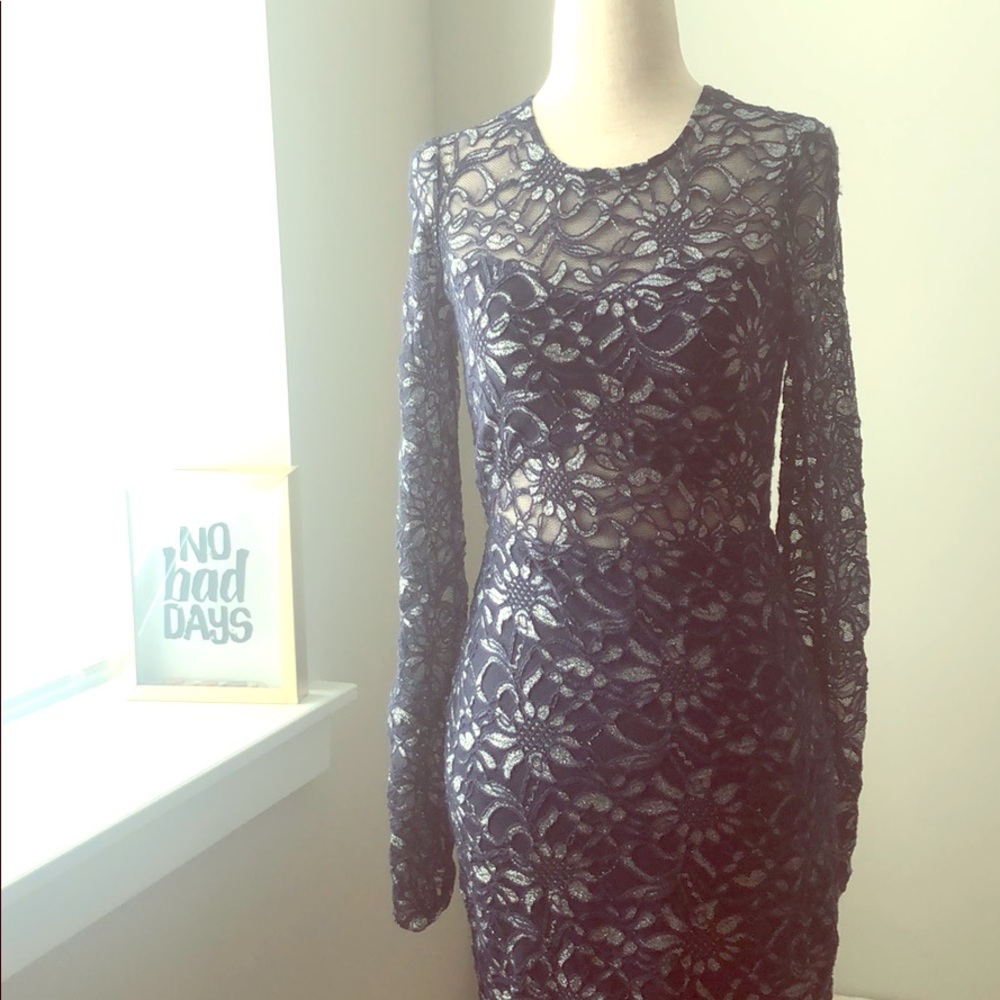 Express Long Sleeve Midnight Blue Flower Dress XS